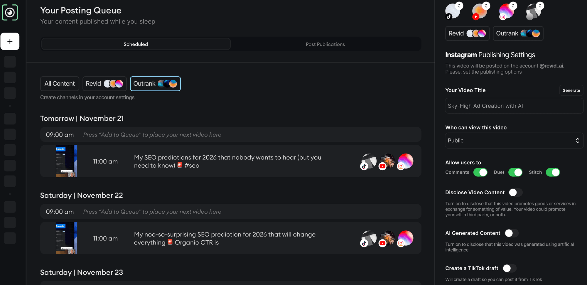 Schedule & Publish Videos to YouTube, TikTok & Instagram
