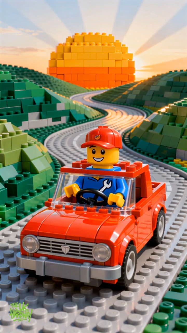 A LEGO minifigure driving a classic LEGO car down ...