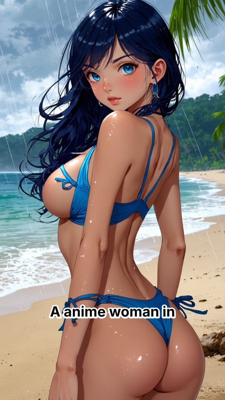Anime Woman in Beachwear Rain