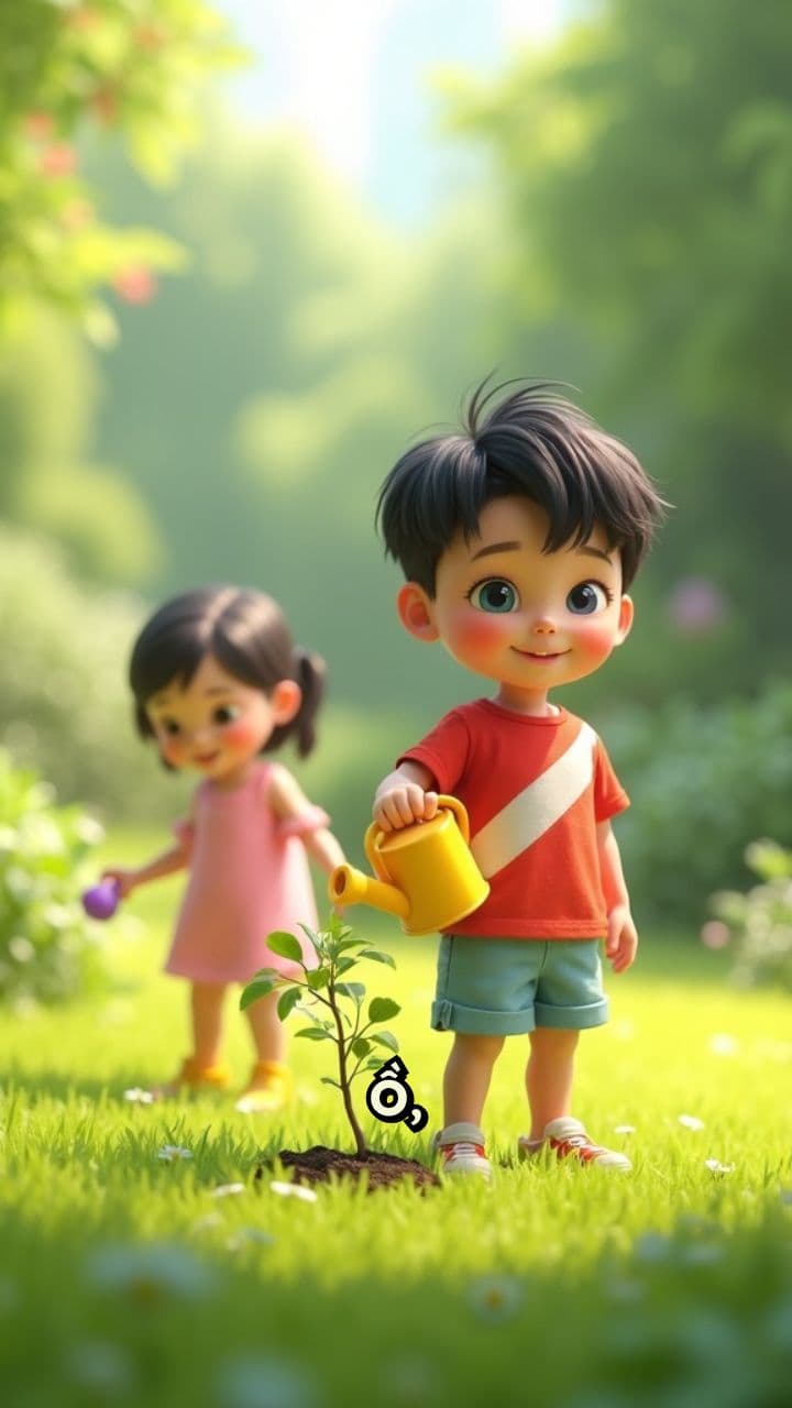 Two Children Watering a Tree